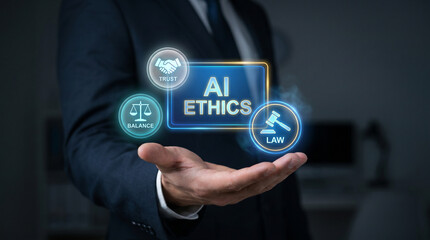 Fototapeta premium Holographic Ethics and Governance Framework Displays Trust, Balance, and Law Icons Above Business Executive's Hand to Address Regulatory Standards, Evaluate Moral Guidelines
