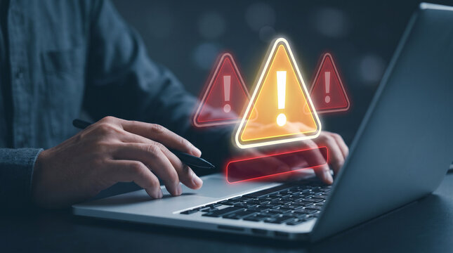 Holographic Red Warning Triangles Appear Above Laptop Keyboard in Dark Workspace to Alert Security Breach, Notify Critical Error, Trigger Emergency Response, and Escalate System Incident