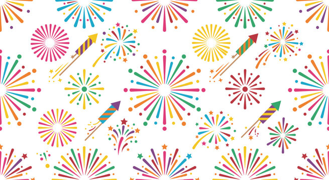 Fireworks and rocket pattern design. Bright seamless pattern with various fireworks and rocket illustrations on white background. Vector illustration