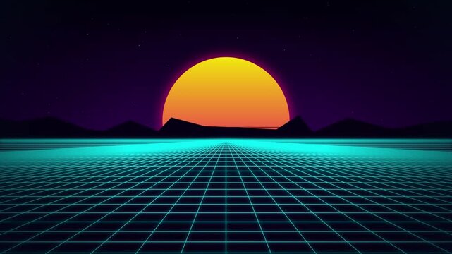 Retro 80s synthwave landscape with glowing neon grid and sunset