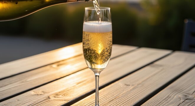Close up of champagne being poured into a glass on a wooden table at sunset