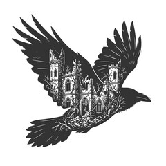 Naklejka premium crow silhouette with ruined gothic castle inside, symbolizing mystery, dark fantasy, horror, and medieval atmosphere sketch engraving generative ai raster illustration. Scratch board. Black and white