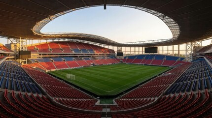 Naklejka premium A wide angle view of a massive modern sports stadium with red and blue seating under a bright.