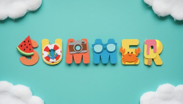 Colorful summer word typography on turquoise background, playful 3D paper cutout letters with clouds, seasonal banner