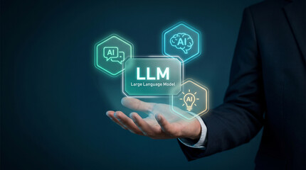 Obraz premium Holographic Large Language Model Interface with Neural Network Icons Floats Above Open Hand to Showcase Machine Learning Capabilities, Demonstrate Conversational Processing, Illustrate Brain Computing