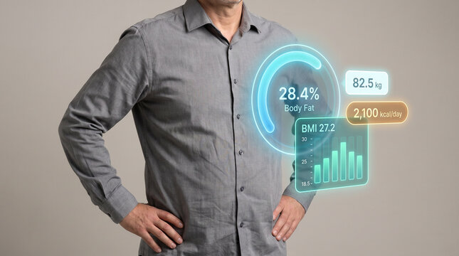 Holographic Body Composition Dashboard Floats Beside Man to Display Body Fat Percentage, Show BMI Reading, Track Calorie Intake, and Visualize Health Statistics