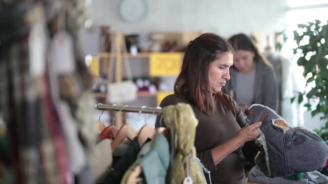 Latin woman customer examine and choose fur hat in store, and buyer consider some items. Concept of seasonal wardrobe shopping. Client enjoys shopping for stylish clothes. Buyer browsing clothes goods