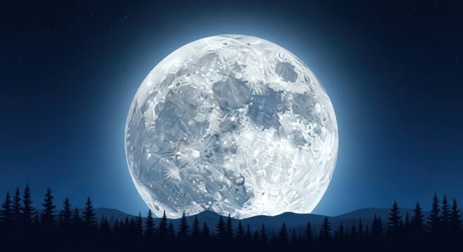 Full moon rising over a dark forest landscape with silhouette pine trees against a deep blue starry night sky