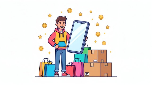 Happy Man Holding Giant Smartphone with Shopping Bags, 2D Flat Vector Illustration Isolated on White