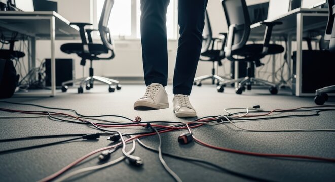 Person walking in an office with messy cables on the floor creating a tripping hazard