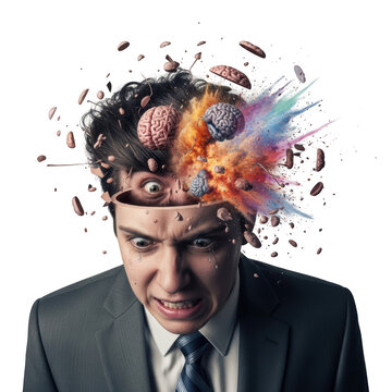 Businessman with exploding brain and thoughts.