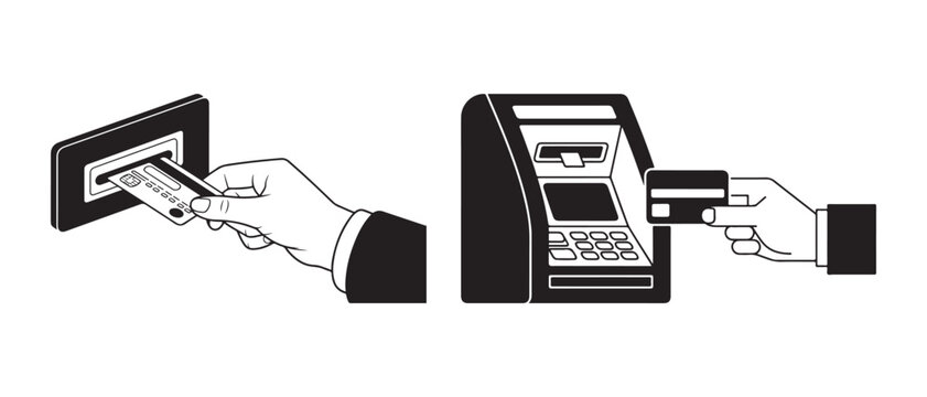Black and white vector illustration of a hand inserting and holding a credit card at an atm machine for banking and financial transactions.