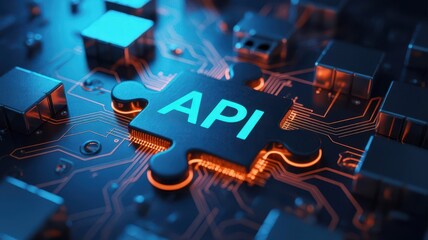 Obraz premium Abstract illustration of an API puzzle piece on a digital circuit board