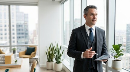 Fototapeta premium Male finance executive holding tablet with charts in modern office. Professional businessman looking out window in corporate skyscraper. Data analysis and leadership concept
