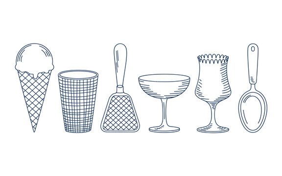 Hand drawn ice cream cone and different glasses and scoop  kitchen utensils