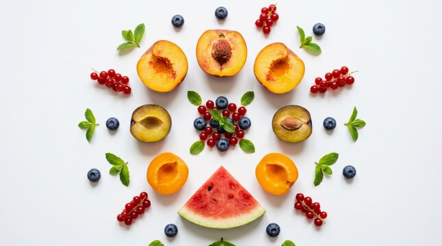 Mixed summer fruit slice pattern white flatlay background banner