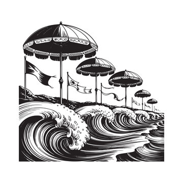 South Korea &ndash; Boryeong Mud Festival | Sun Umbrella Beach Scene Coastal Wave Black and White Vector Illustration | Ornamental Festival Engraved Composition
