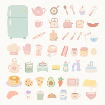 Cute pastel kitchen and cooking clipart set with appliances, utensils, drinks, and food icons