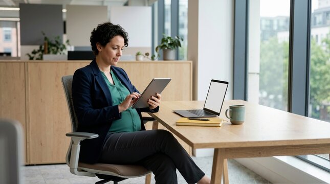 Pregnant manager sitting at a desk using a digital tablet. Professional businesswoman working in a modern office. Maternity career and corporate leadership concept