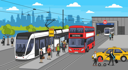 Urban public transport hub with tram, double-decker bus, taxi, and subway station. © solikhin
