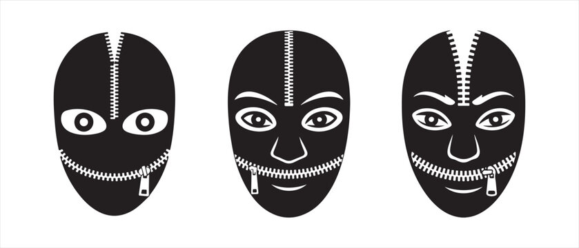 Three black head silhouettes with zippers on eyes and mouth representing silence and secrets.