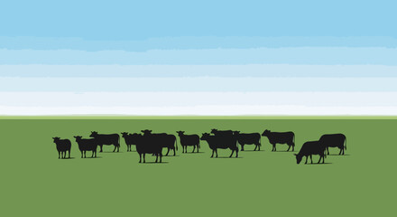 Silhouette Flock Sheep Grazing Green Field Blue Sky Pastoral Landscape © solikhin