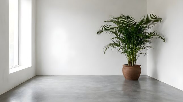 Minimalist empty room with potted palm plant on brown pot