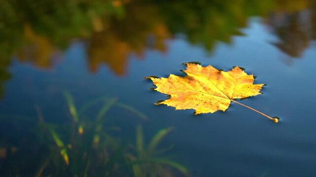 Tranquil view of a vibrant yellow maple leaf floating serenely on a calm body of water, autumn nature