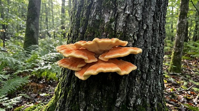 Bright Orange Shelf Fungus Growing on Tree Trunk in Lush Forest