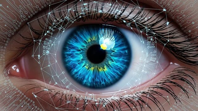 Closeup of a blue eye with digital circuit overlay