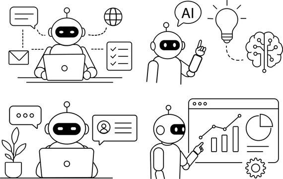 Artificial Intelligence and Robot Technology Line Illustration Set