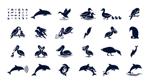 Marine life and wild birds silhouette icons set