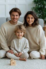 Fototapeta premium Young family smiling and sitting in cozy living room