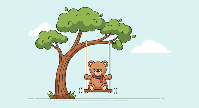 Cute cartoon teddy bear sitting on a swing attached to a tree.
