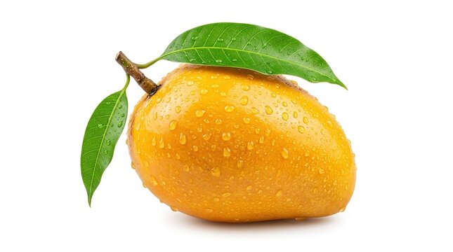 Fresh mango fruit with green leaves on white background