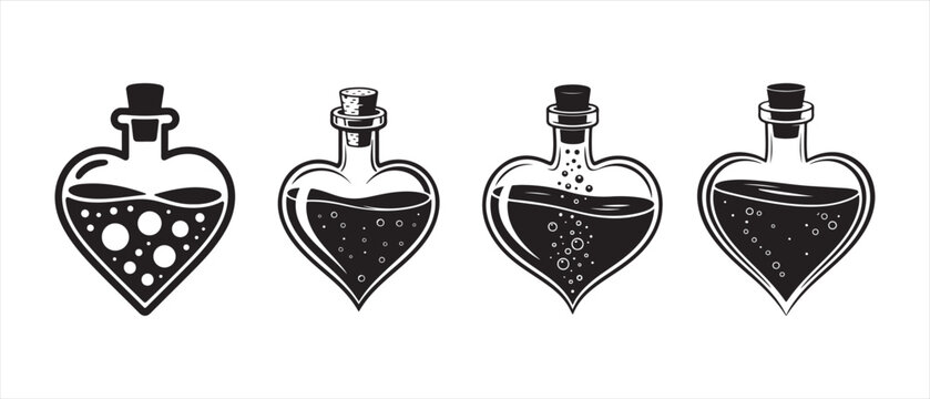 Set of four heart shaped glass potion bottles with liquid and bubbles for love and magic concept.