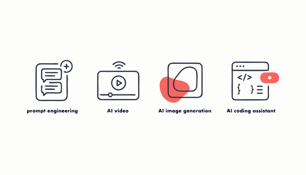AI icons, artificial intelligence symbols, machine learning graphics, coding assistant vector