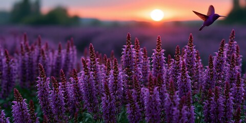 Obraz premium Lavender flowers blooming in sunset field with hummingbird