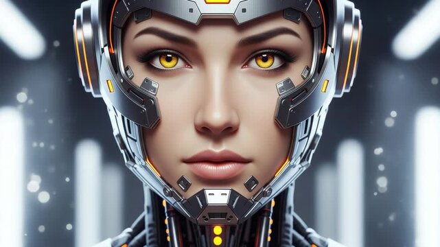 Closeup portrait of a futuristic cyborg woman with yellow eyes