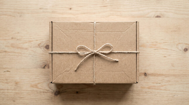 Brown cardboard box tied with twine on a wooden table