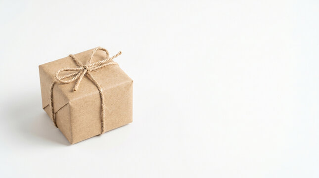 Gift box wrapped in brown kraft paper isolated on white background