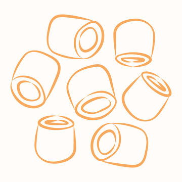Italian calamarata pasta paccheri cylinder shapes outline. Minimalist line art organic hollow macaroni food ingredient for product packaging design, restaurant menu template