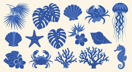 Collection of Blue Tropical Plants and Marine Life Elements. © DOG2