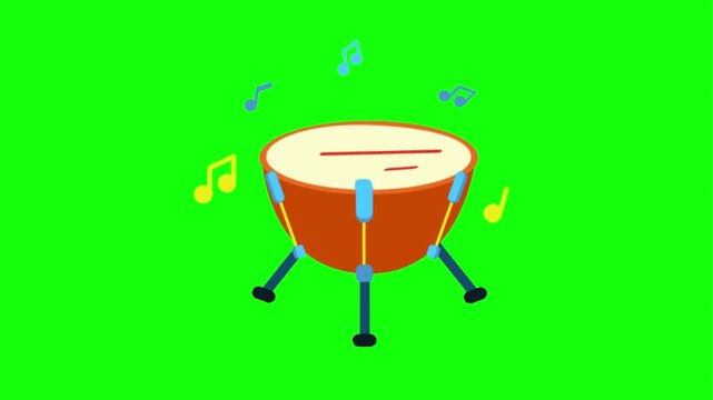 Animated musical instruments playing with floating musical notes on a green screen background