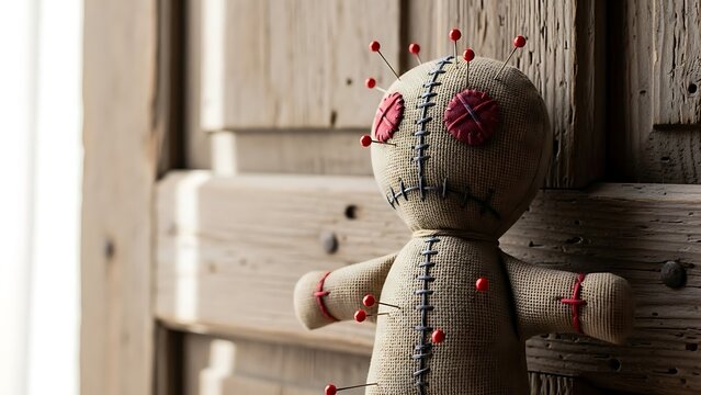 A handmade voodoo doll pinned with red pins against a rustic, weathered wooden door