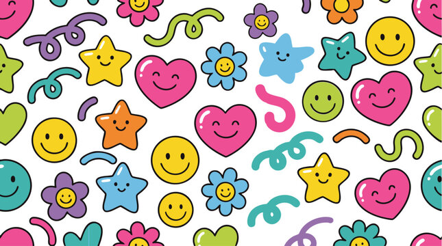 retro groovy y2k aesthetic seamless pattern with smiling faces pink hearts and colorful stars for playful textile design