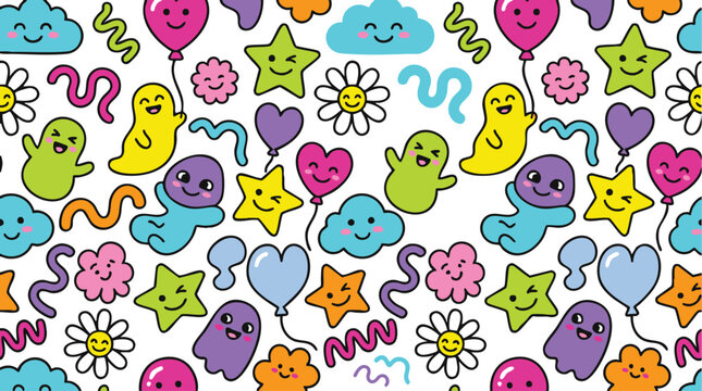 cute kawaii ghost and colorful balloon cartoon seamless pattern for kids halloween and playful design theme