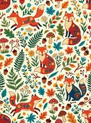Obraz premium Pattern Vector Illustration with Foxes and Botanical Elements in Modern Folk Style with Warm Autumn Colors