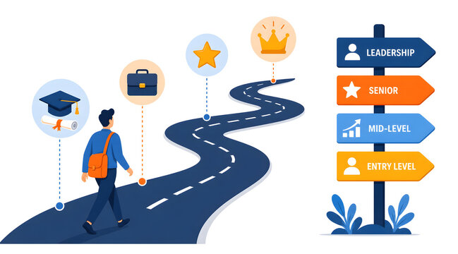 Business person walking toward leadership and success milestones on a winding career path