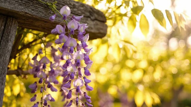 Close Up of Wisteria Hanging from Wooden Post